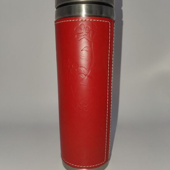 Starbucks Stainless Steel Thermos 2004 Mug Red Leather Floral Sleeve 12oz - Picture 8 of 14